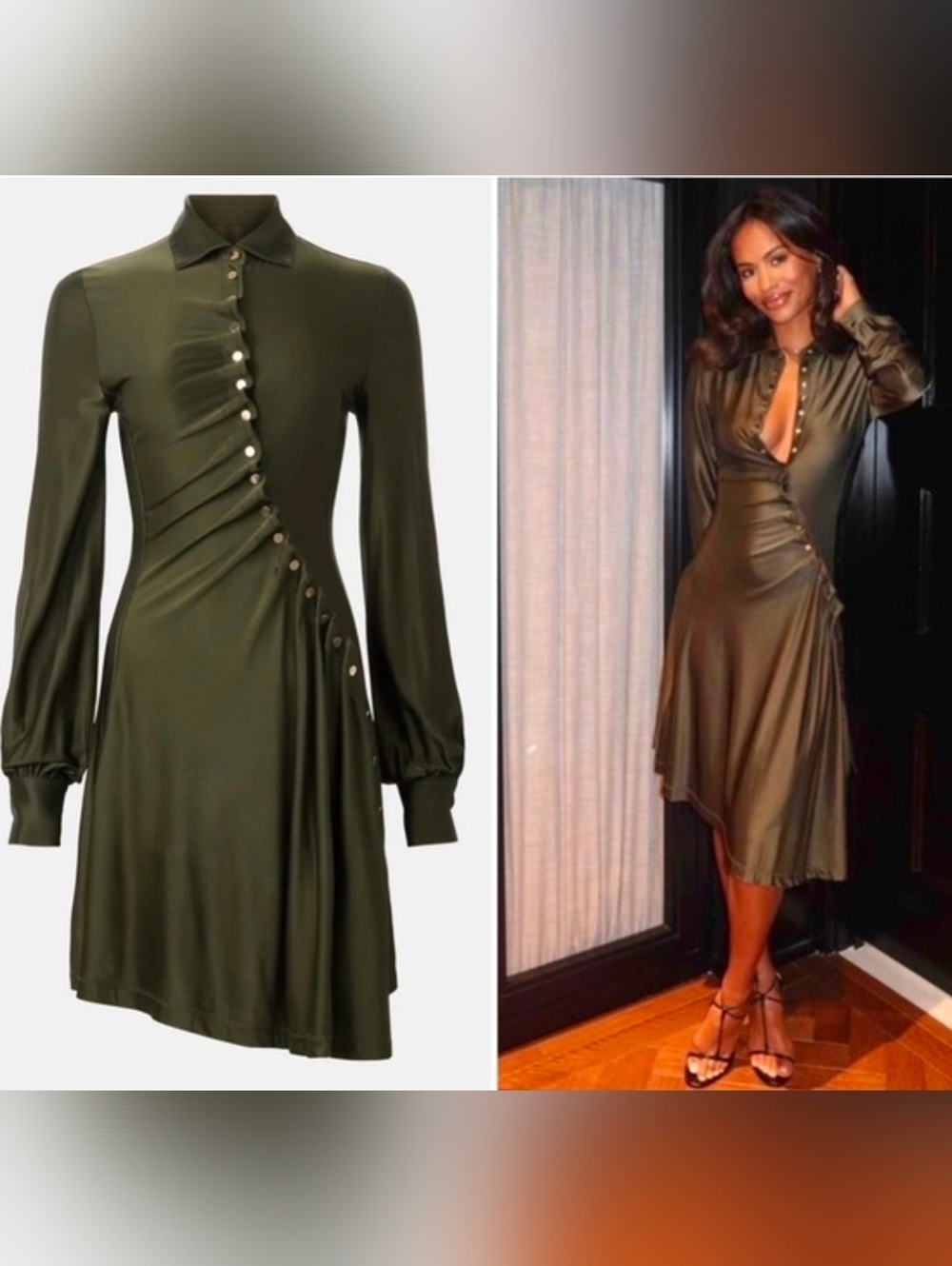 ✨️ Rabanne Button Embellished Draped Olive Green Long Sleeve Shirt Dress - Picture 2 of 15